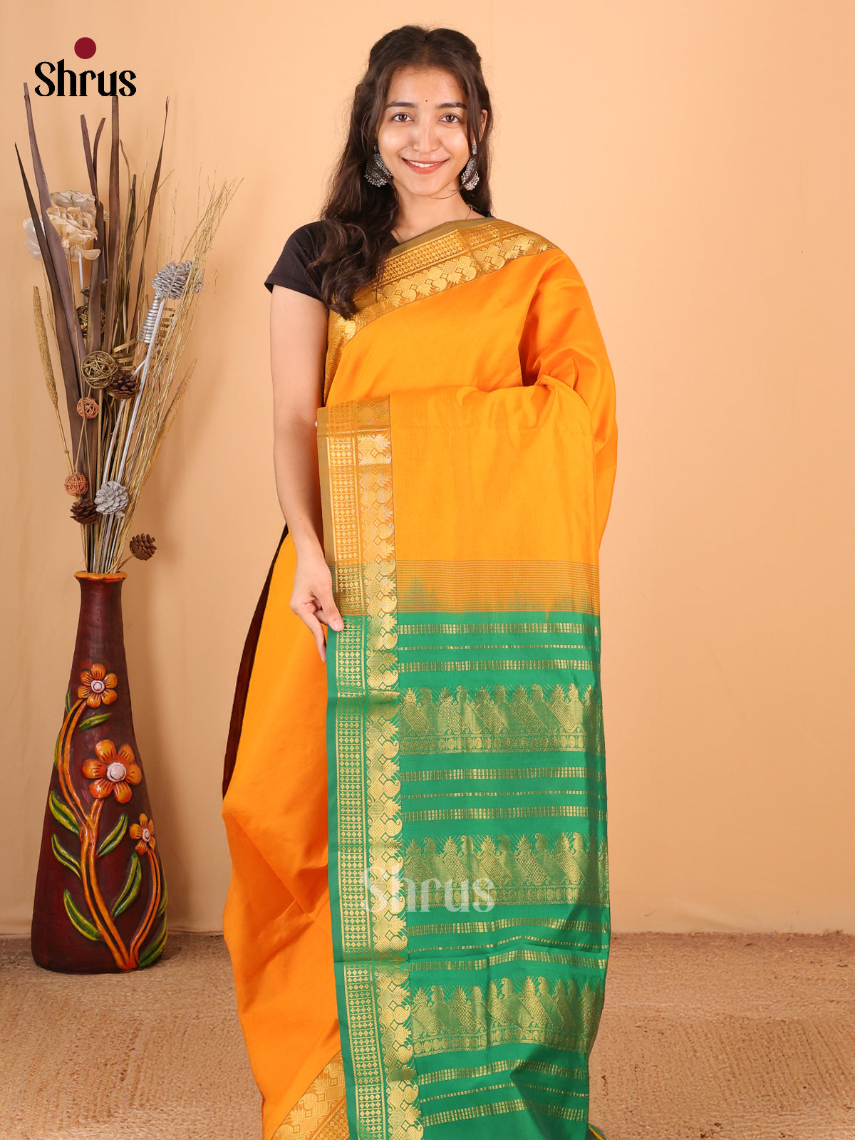 Orange & Green - Silkcotton-halfpure Saree - Shop on Shrus.com
