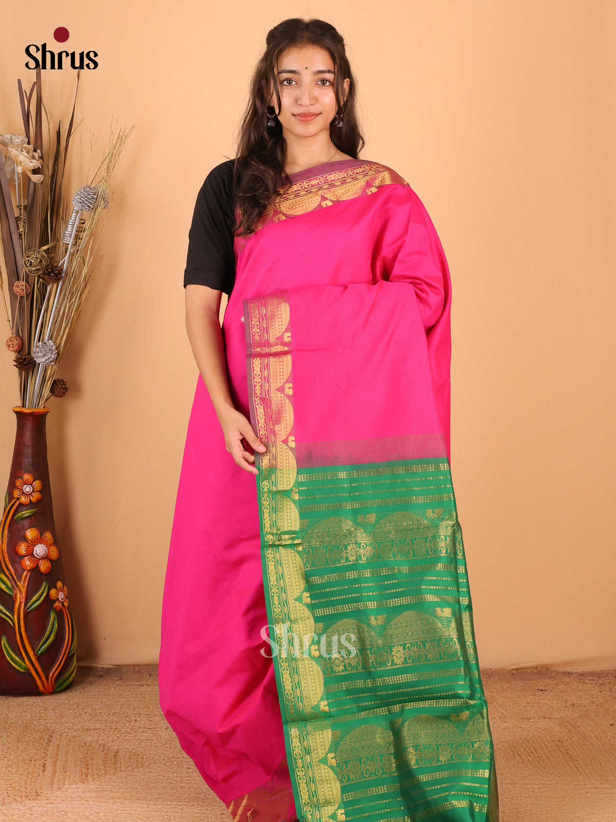 Pink & Green - Silkcotton-halfpure Saree - Shop on Shrus.com