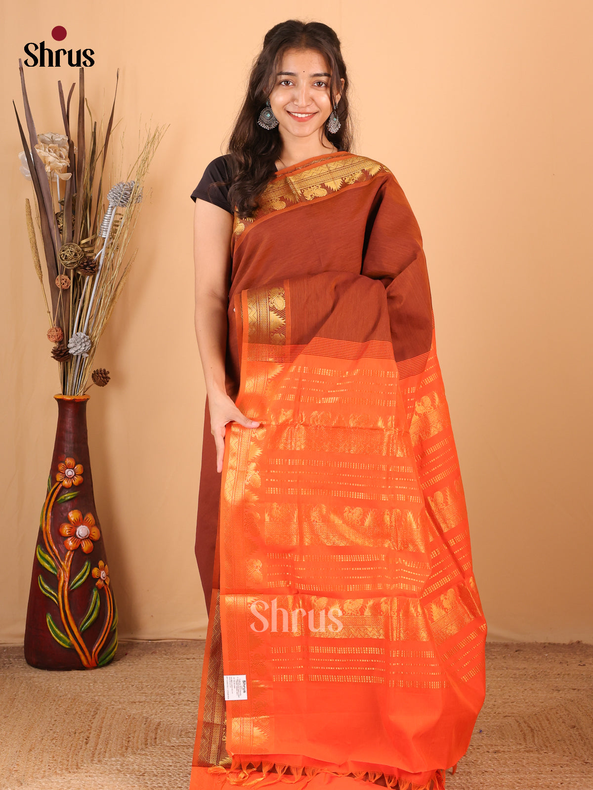 Brown & Orange - Silkcotton-halfpure Saree - Shop on Shrus.com