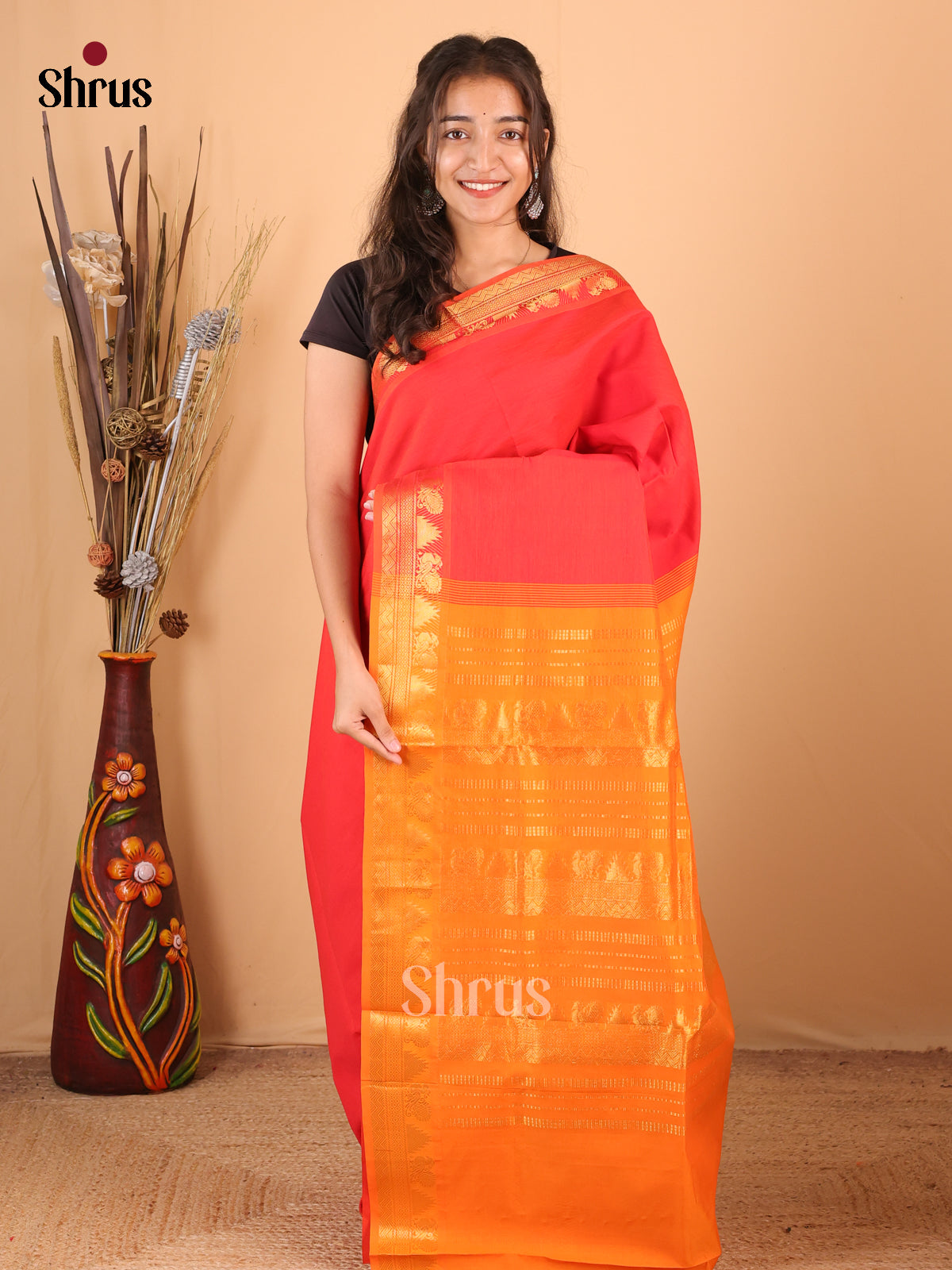 Red & Orange - Silkcotton-halfpure Saree - Shop on Shrus.com