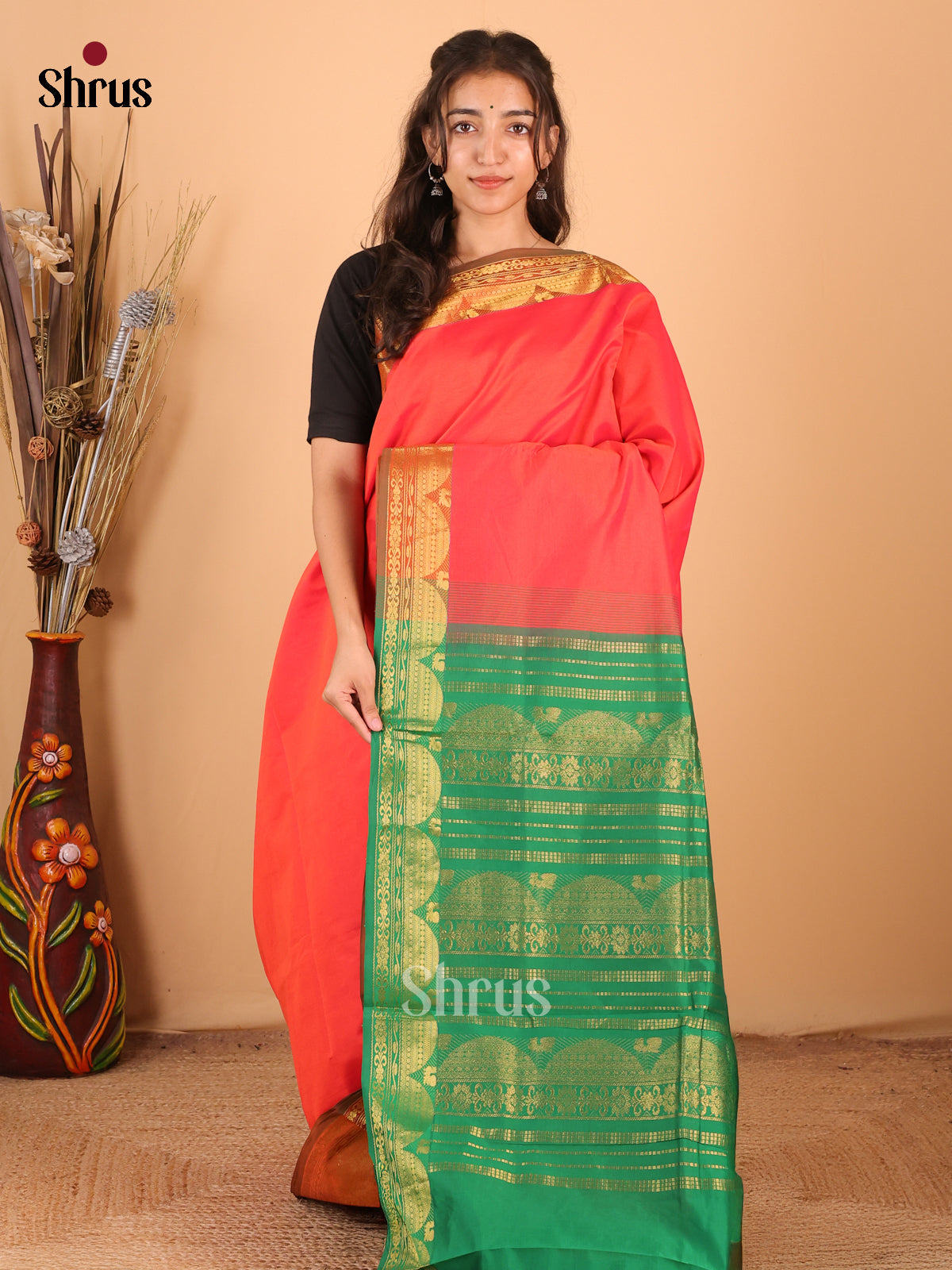 Brick Orange & Green - Silkcotton-halfpure Saree