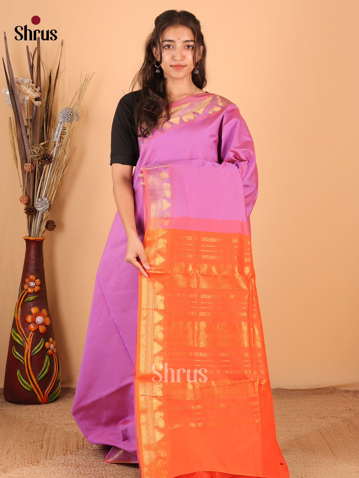 Lavender & Orange - Silkcotton-halfpure Saree - Shop on Shrus.com