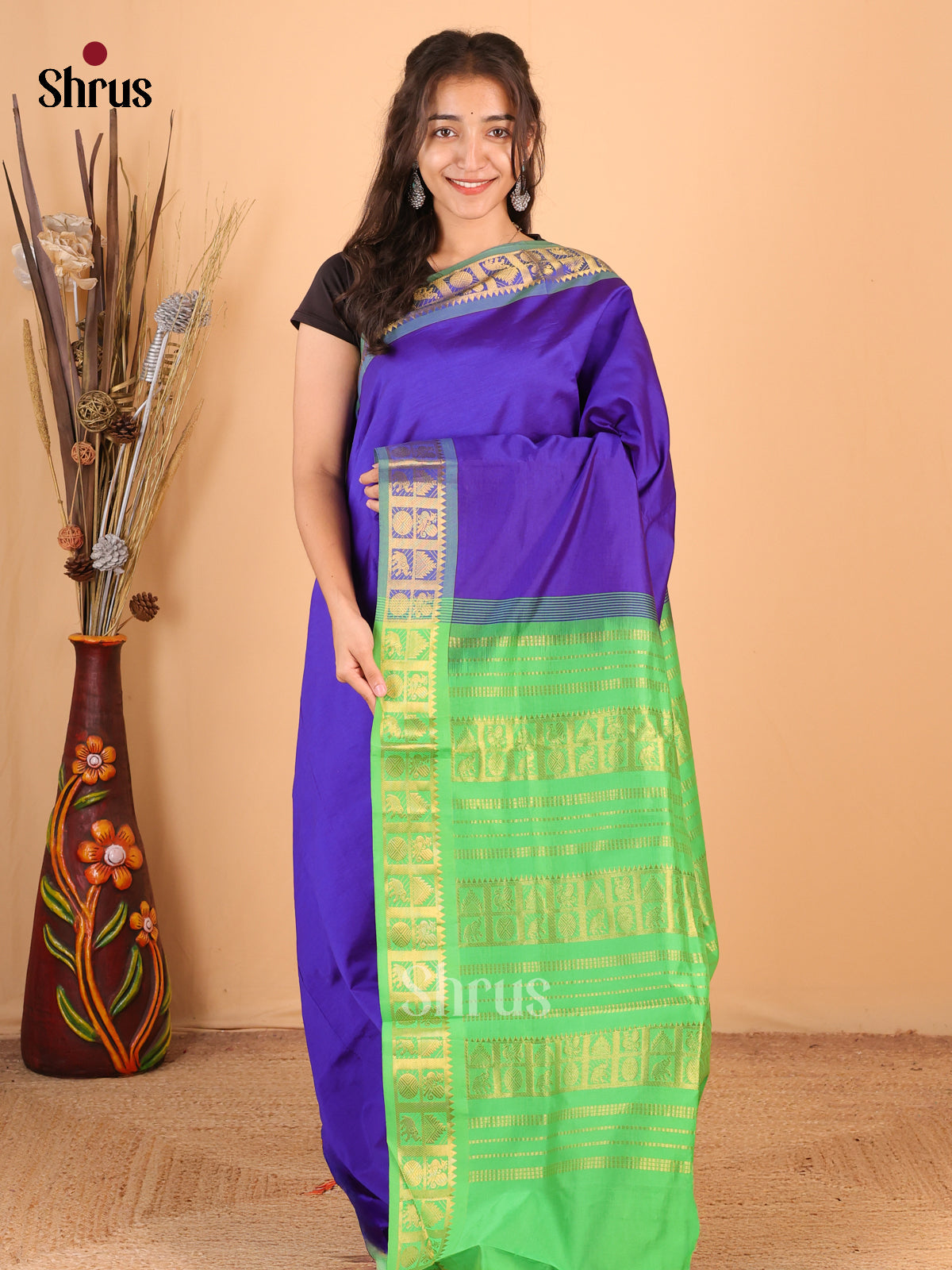 Blue & Green - Silkcotton-halfpure Saree - Shop on Shrus.com