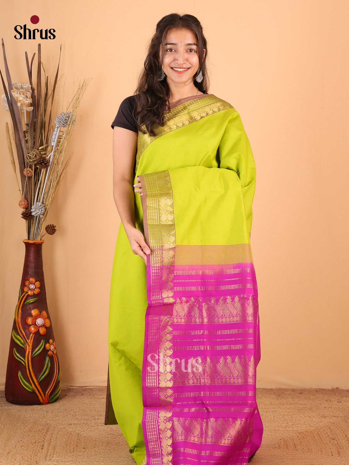 Lite Green & Pink - Silkcotton-halfpure Saree - Shop on Shrus.com