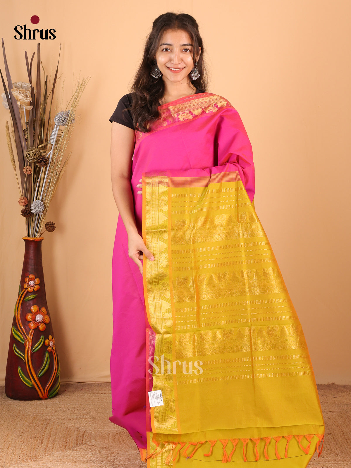Pink & Mustardy Green - Silkcotton-halfpure Saree - Shop on Shrus.com