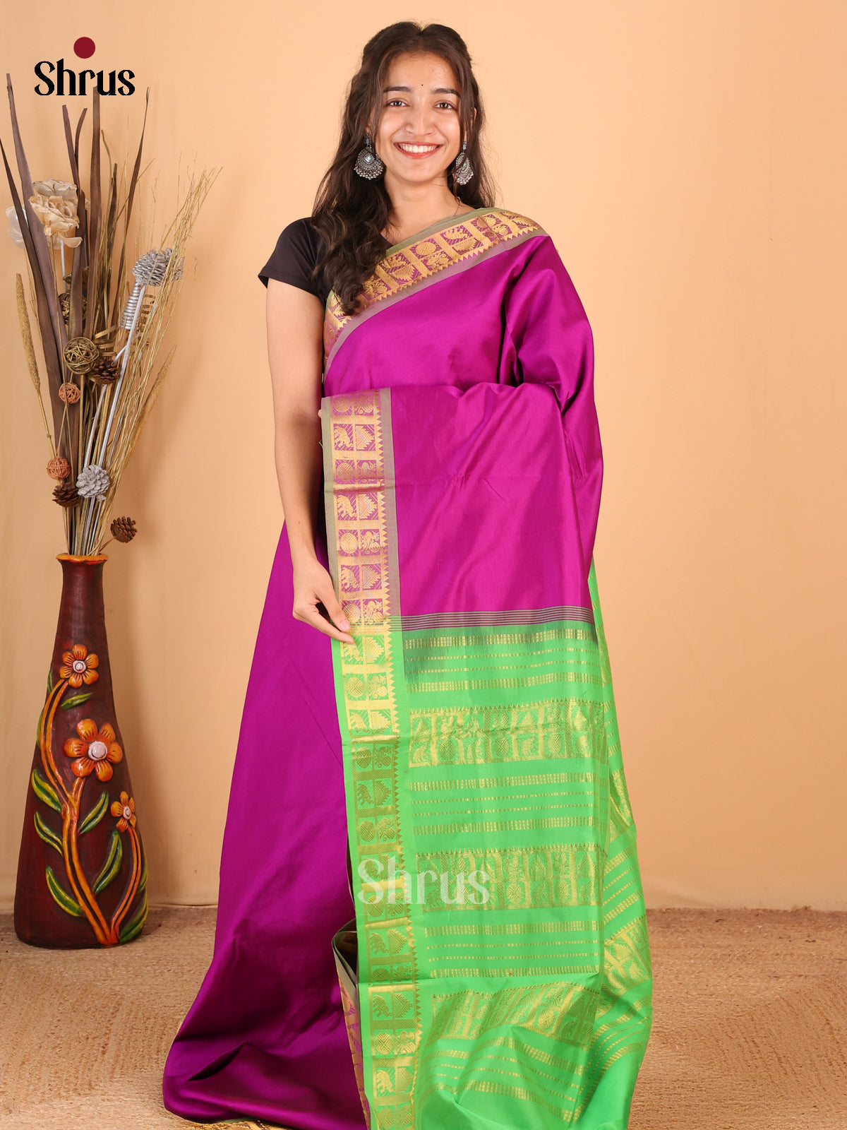 Majenta & Green- Silkcotton-halfpure Saree - Shop on Shrus.com