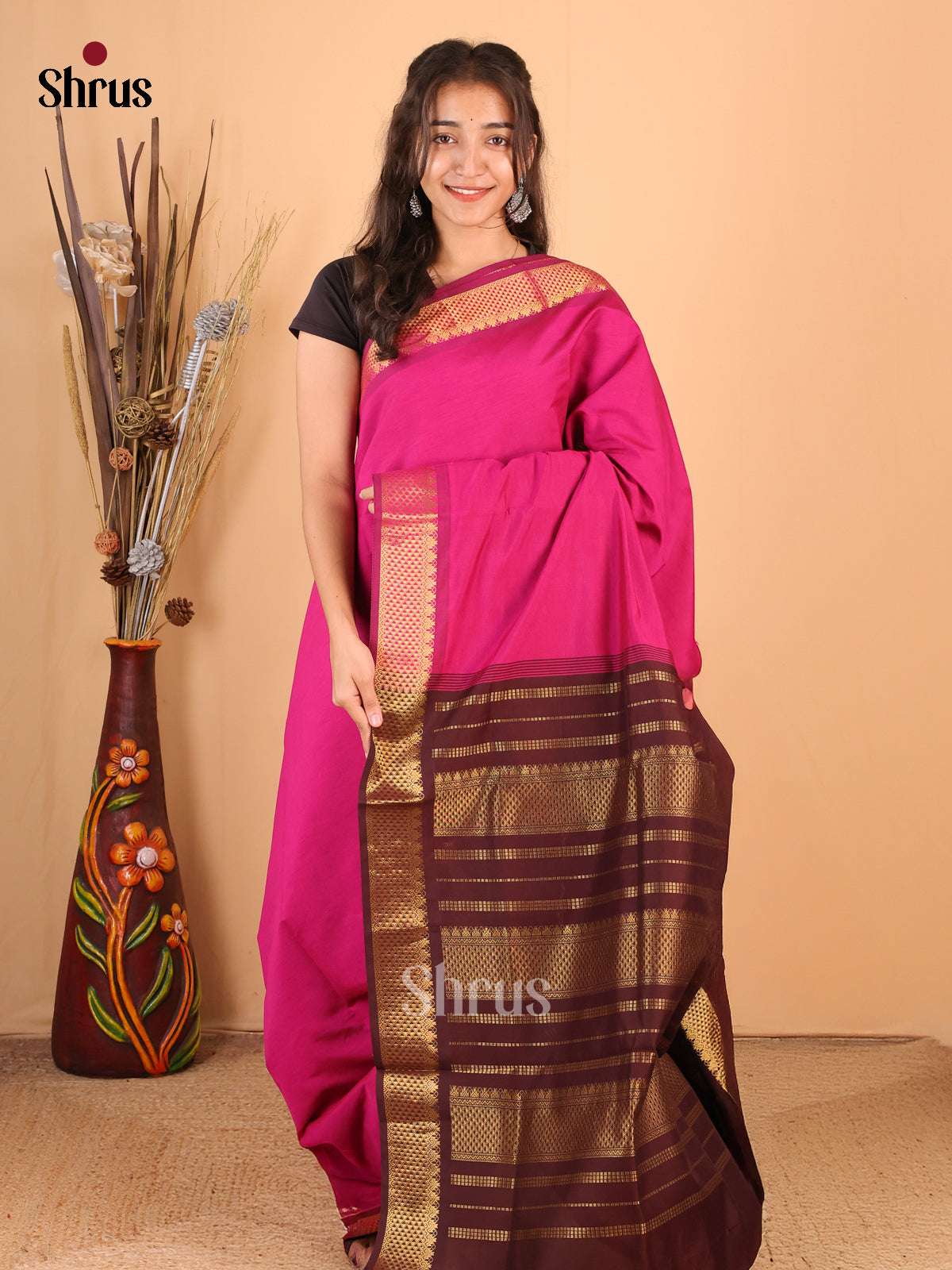 Pink & Brown - Silkcotton-halfpure Saree - Shop on Shrus.com