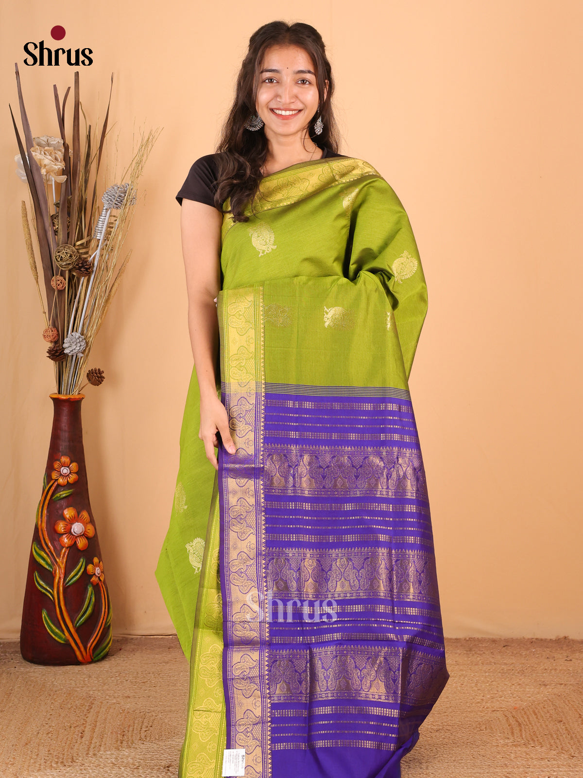 Leaf Green & Blue - Silkcotton-halfpure Saree - Shop on Shrus.com