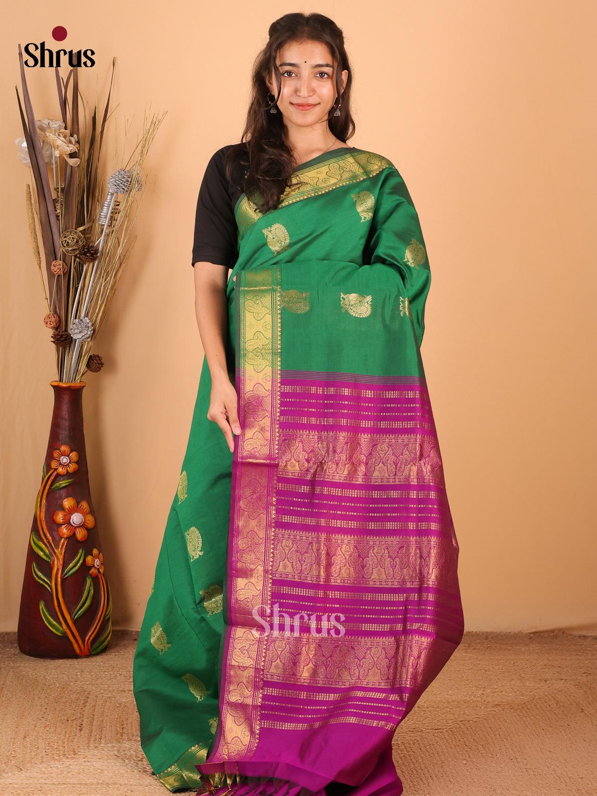 Green & Purple - Silkcotton-halfpure Saree - Shop on Shrus.com