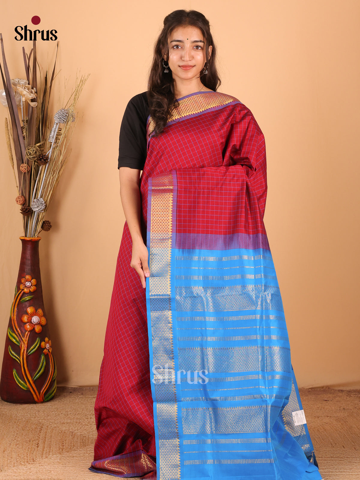Maroon & Blue - Silkcotton-halfpure Saree - Shop on Shrus.com