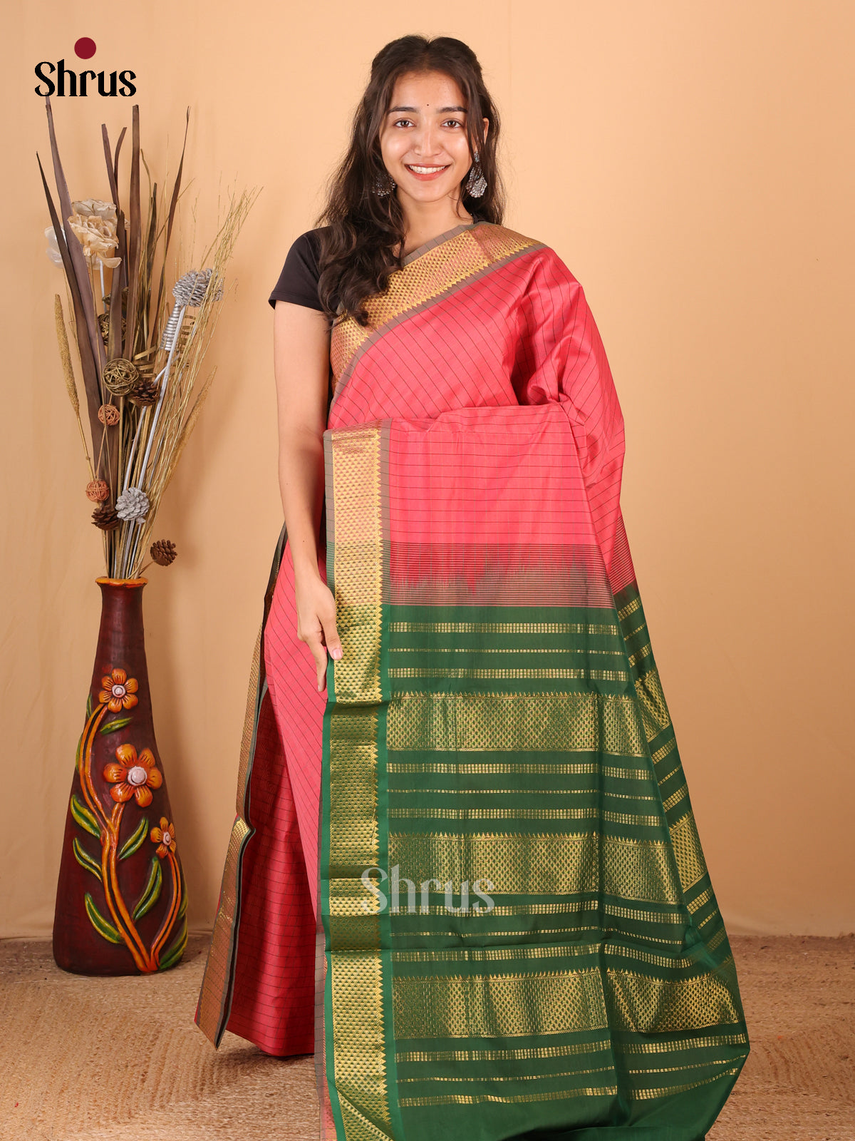 Pink & Green - Silkcotton-halfpure Saree - Shop on Shrus.com