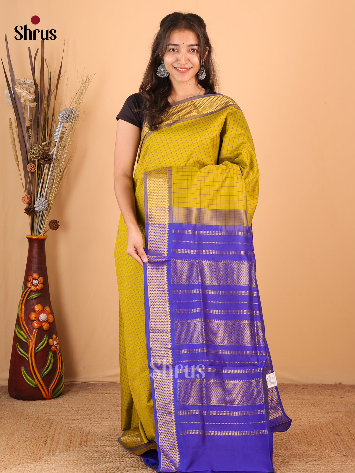 Mustardy Green & Blue - Silkcotton-halfpure Saree - Shop on Shrus.com