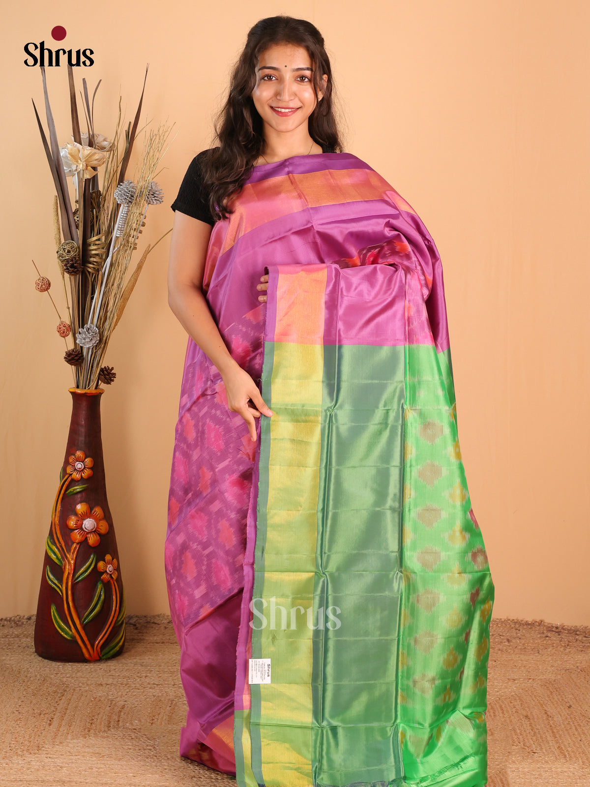 Pink & Green - Semi uppada Saree - Shop on Shrus.com