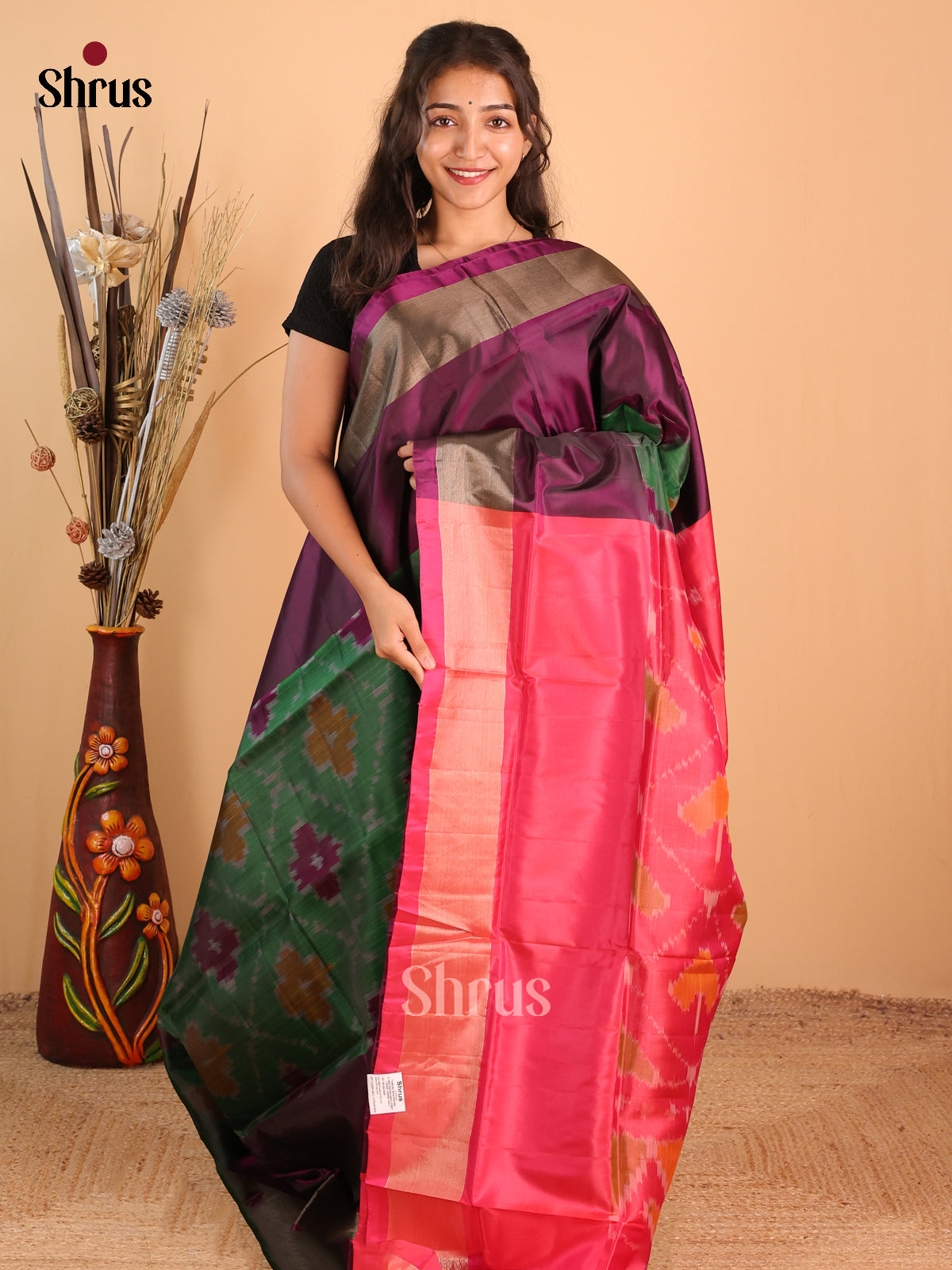 Green & Pink - Semi uppada Saree - Shop on Shrus.com