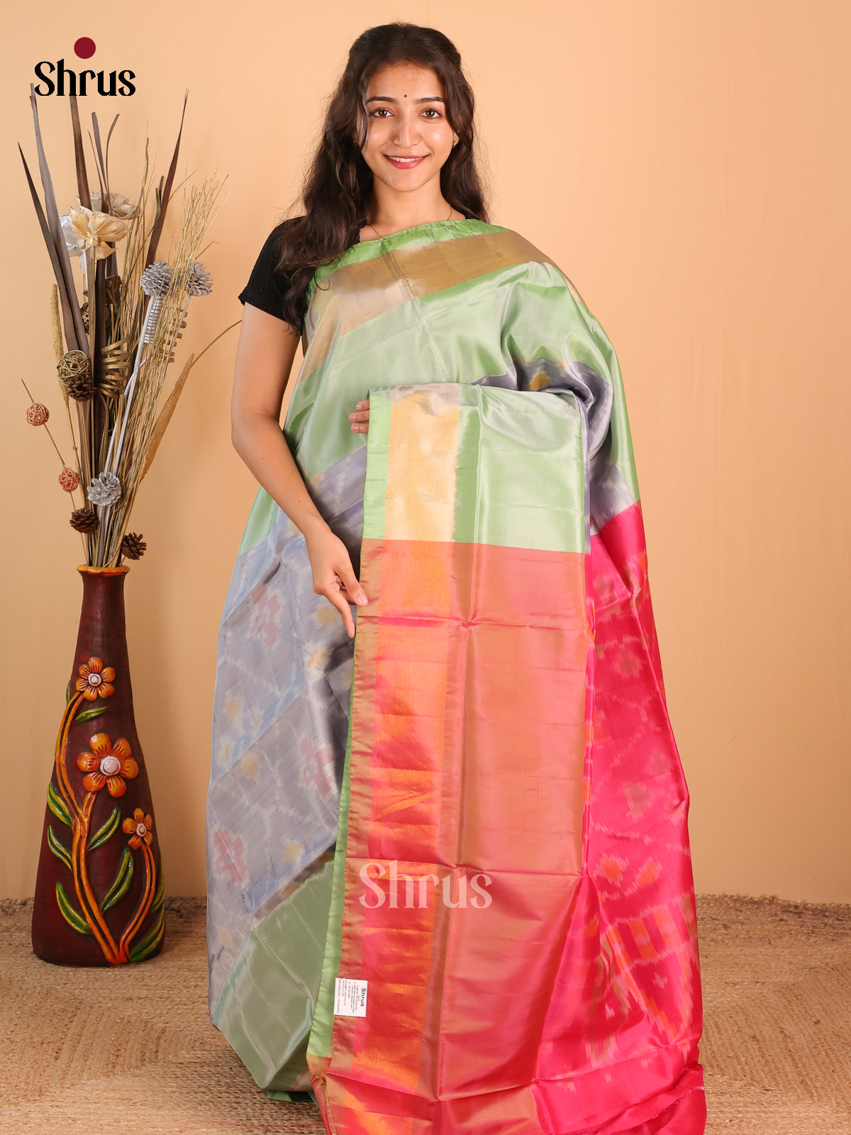 Pastel Green & Orange - Semi uppada Saree - Shop on Shrus.com