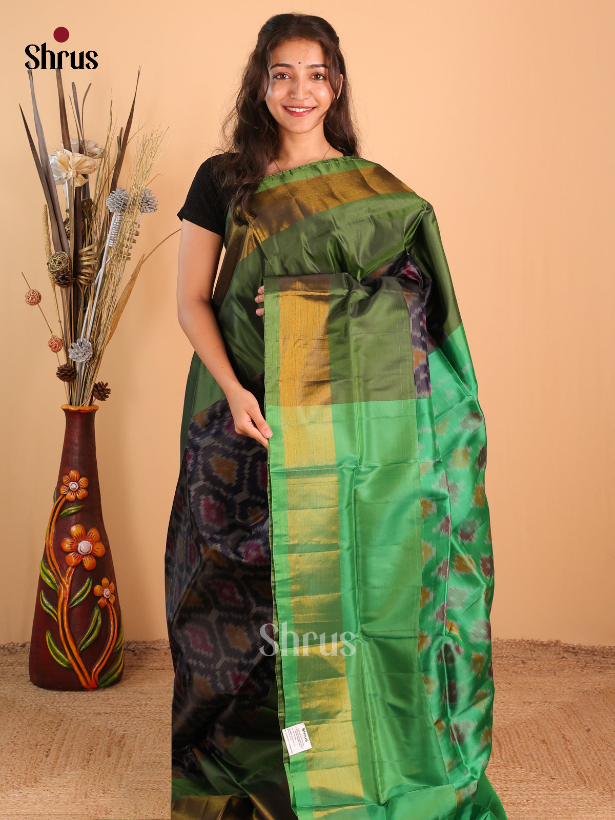 Black & Green - Semi uppada Saree - Shop on Shrus.com