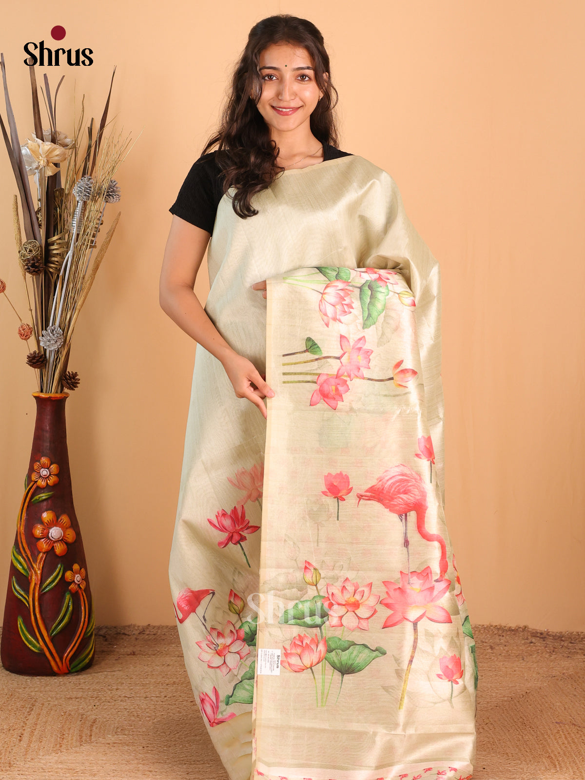 Cream - Semi Tussar Saree - Shop on Shrus.com