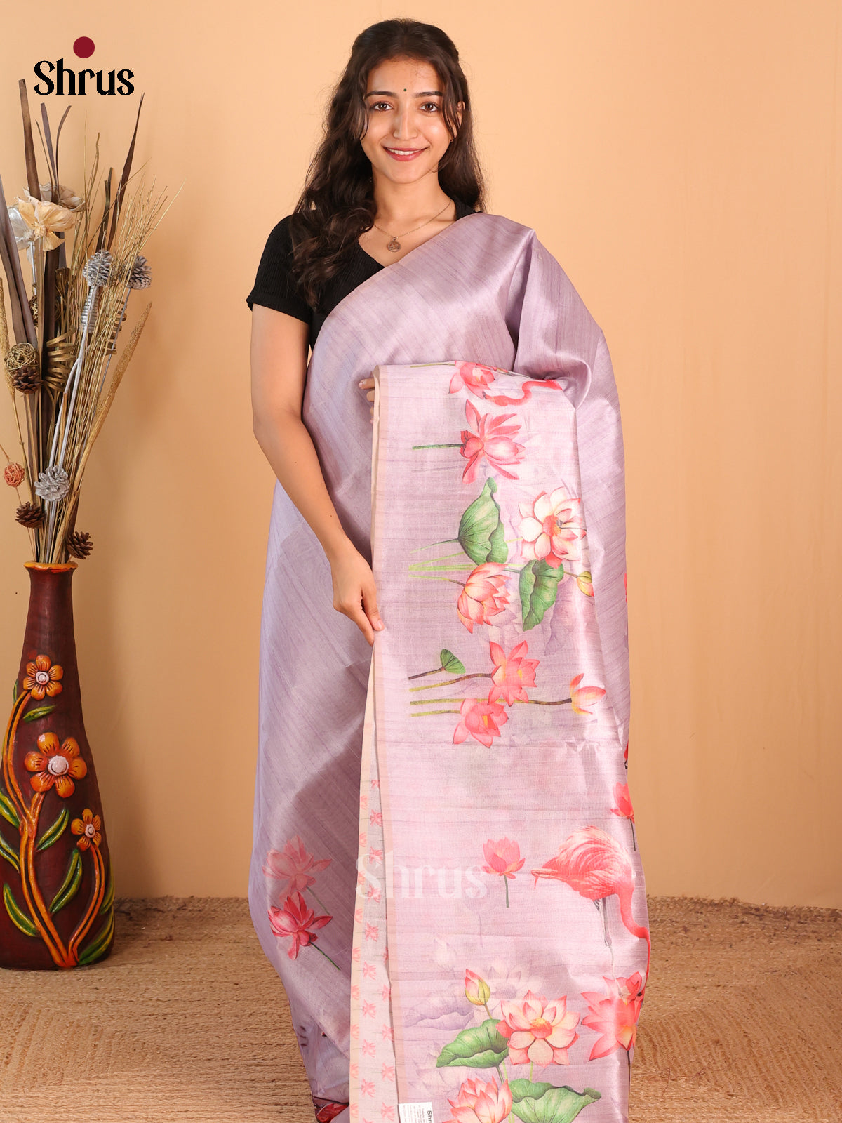 Lavender - Semi Tussar Saree - Shop on Shrus.com