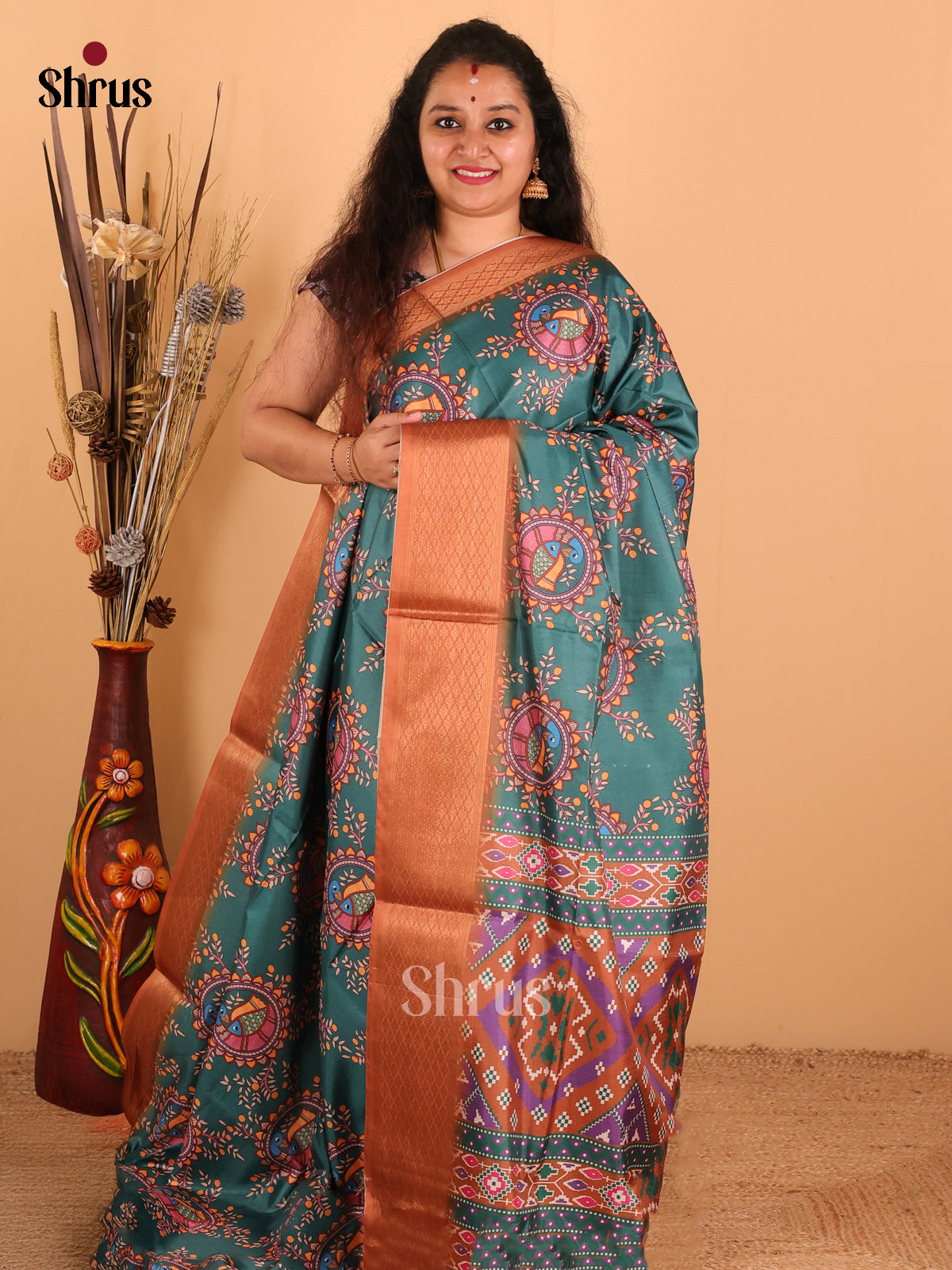 Teal Green & Brown - Champa Semi Tussar Saree - DCS11003 - Shop on Shrus.com