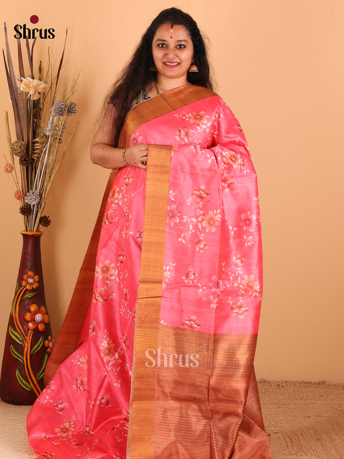 Pink & Brown - Champa Semi tussar Saree - DCS11006 - Shop on Shrus.com