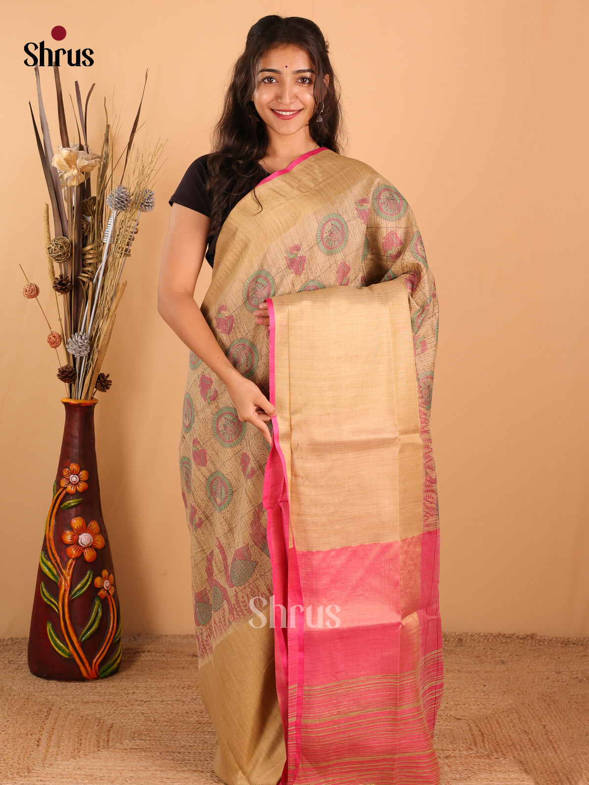 Sandal & light Pink - Champa Semitussa Saree - DCS11010 - Shop on Shrus.com