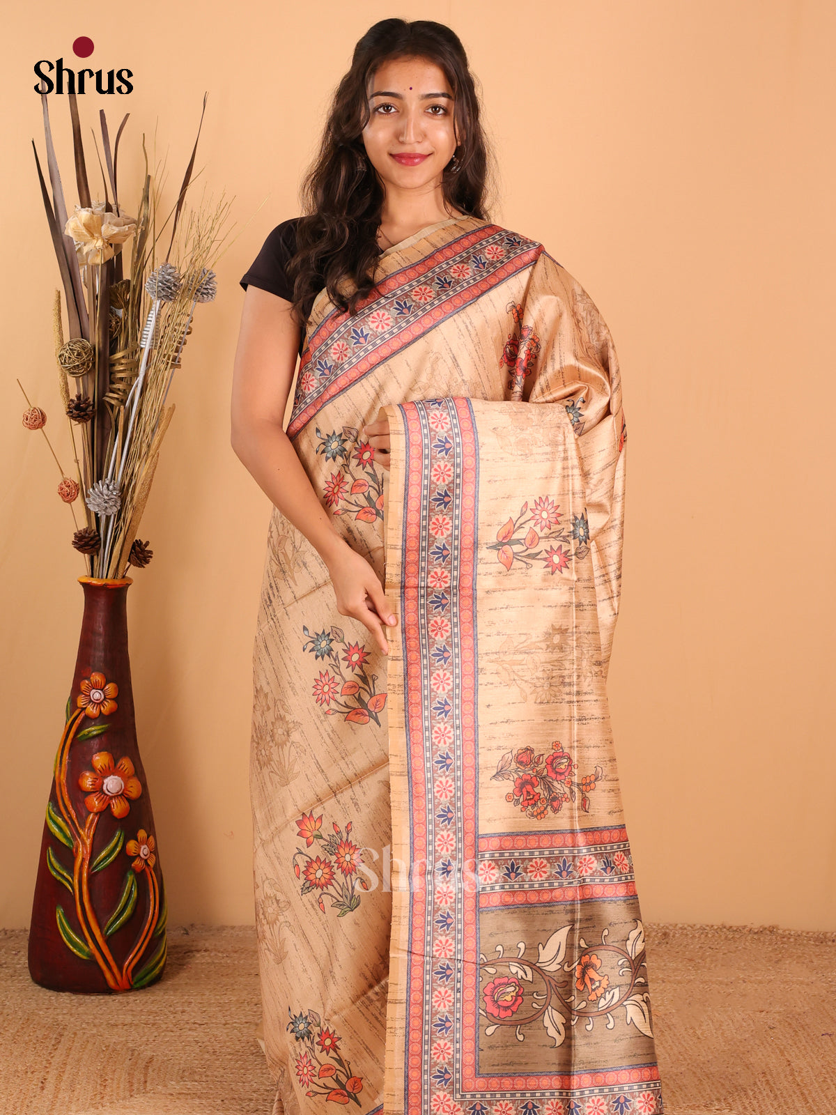 Olive green & sandal - Champa Semitussa Saree - DCS11018 - Shop on Shrus.com