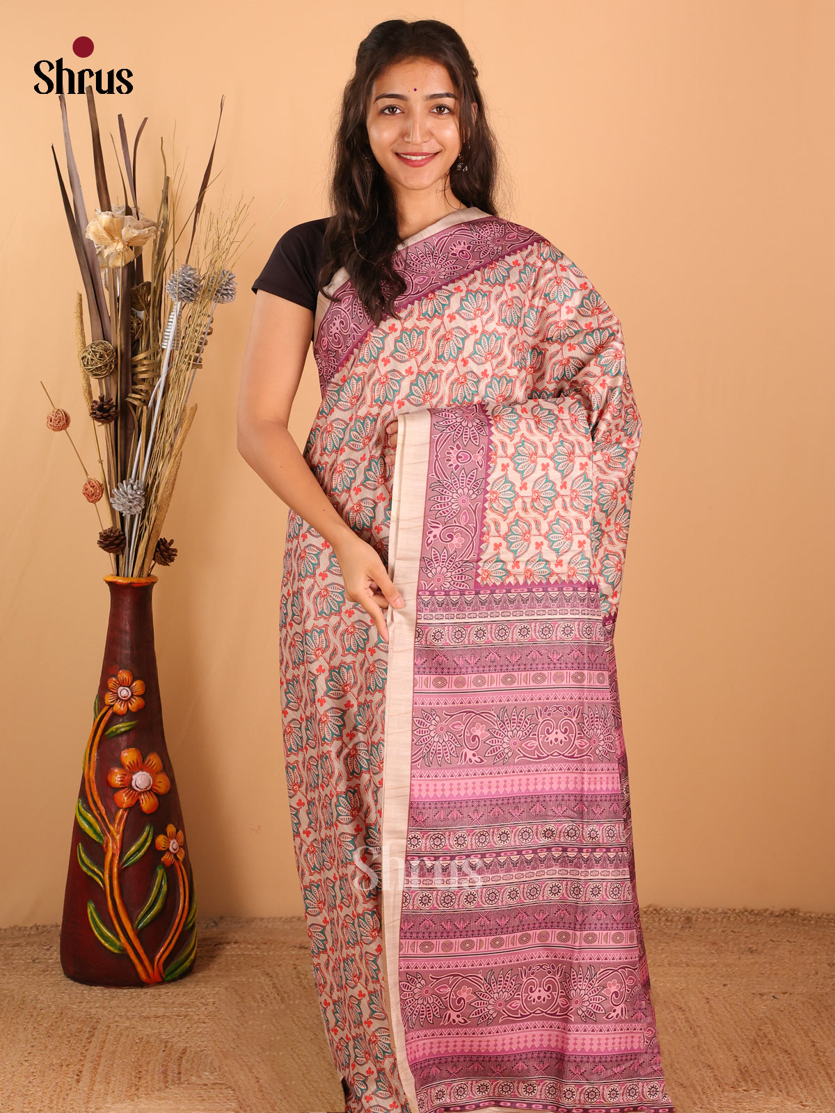 beige & Onion pink - Champa Semi Tussar Saree - DCS11028 - Shop on Shrus.com