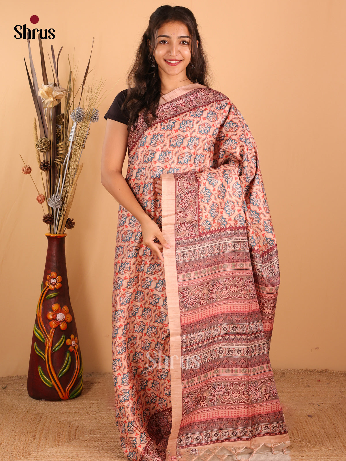 Cream & Brown - Champa Semitussa Saree - DCS11029 - Shop on Shrus.com