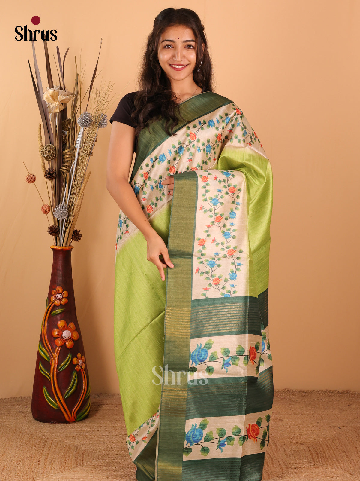Parrot Green & Bottle Green - Champa Semi Tussar Saree - DCS11037 - Shop on Shrus.com