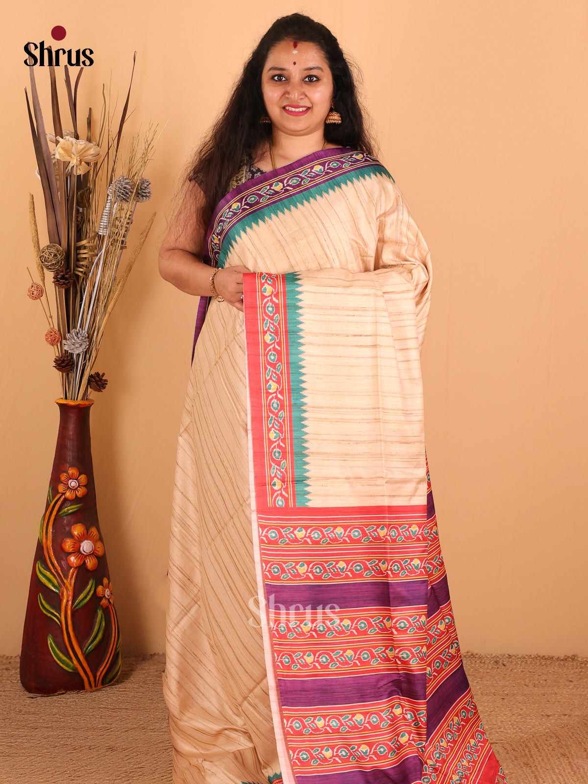 Sandal & Violet/red - Champa Semi tussar Saree - DCS11039 - Shop on Shrus.com