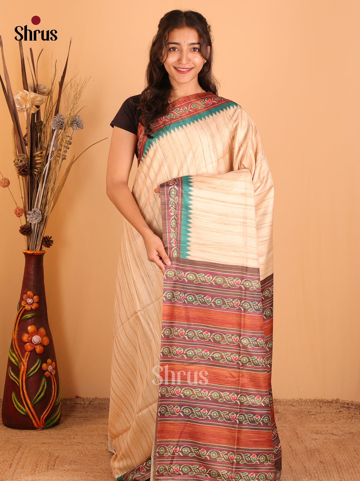 Cream & Brown - Champa semitussar Saree - Shop on Shrus.com