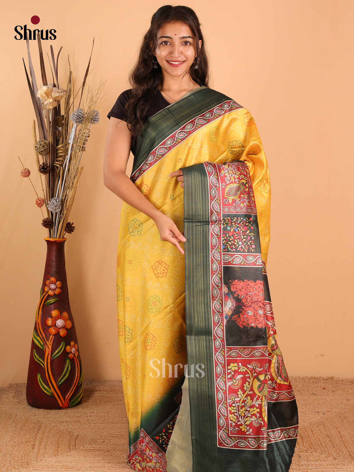 Yellow & Bottle Green - Champa Semitussar Saree - DCS11052 - Shop on Shrus.com