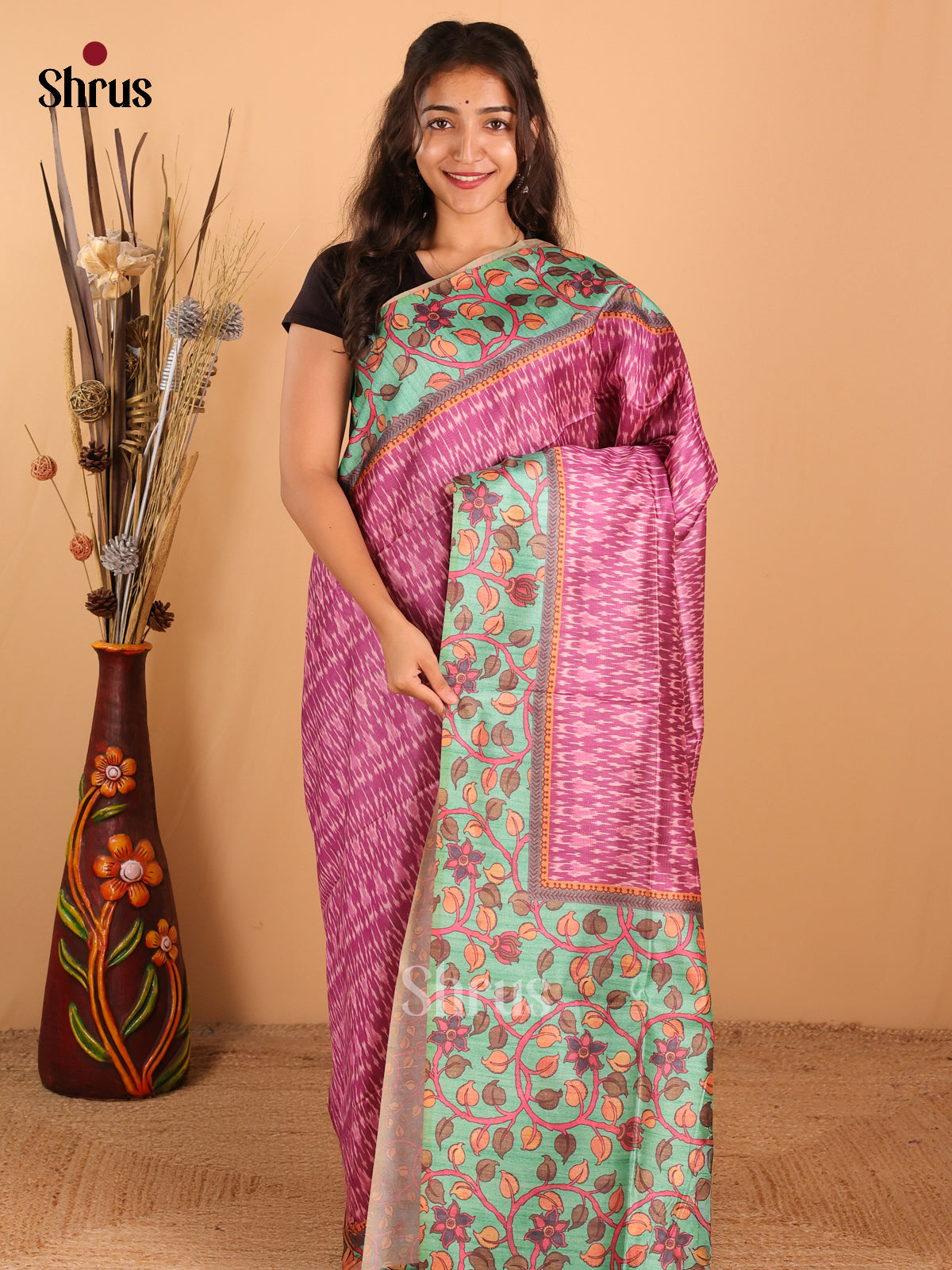 Purple & teal Green - Champa Semitussar Saree - DCS11056 - Shop on Shrus.com