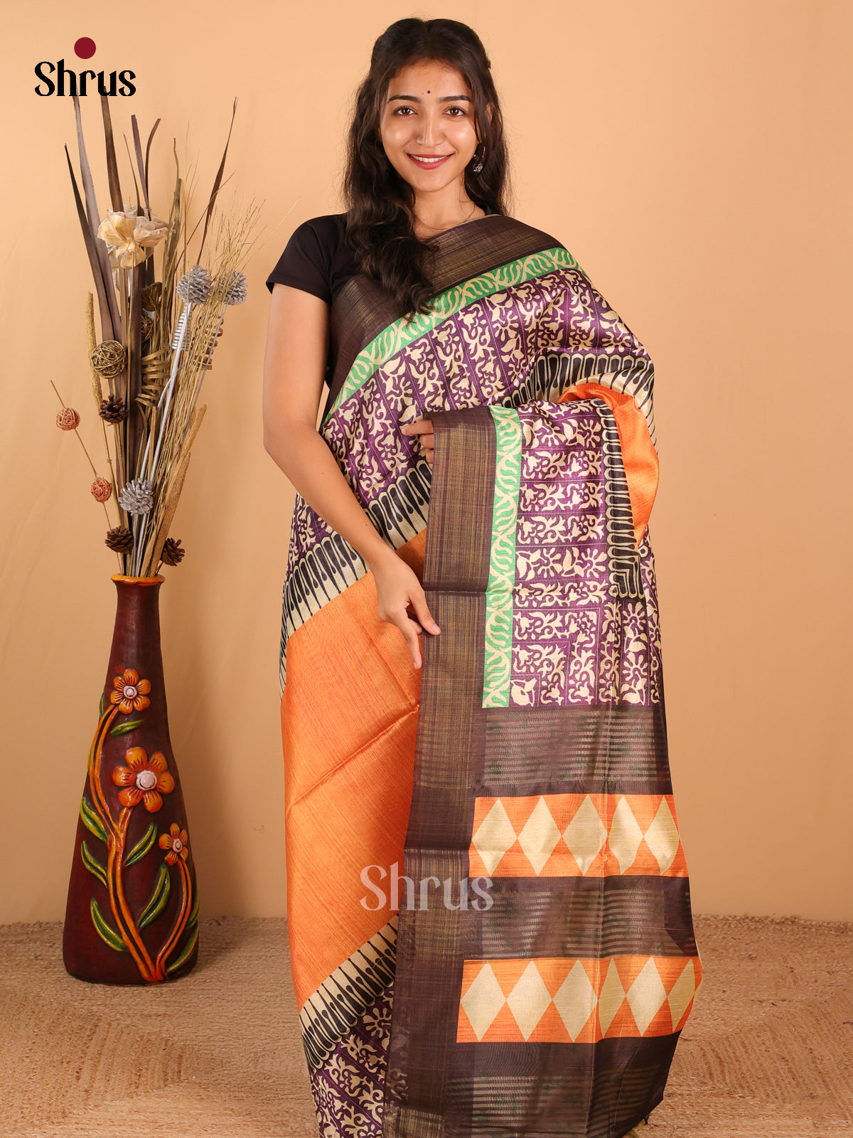 Orange & Black - Champa Semitussar Saree - DCS11057 - Shop on Shrus.com
