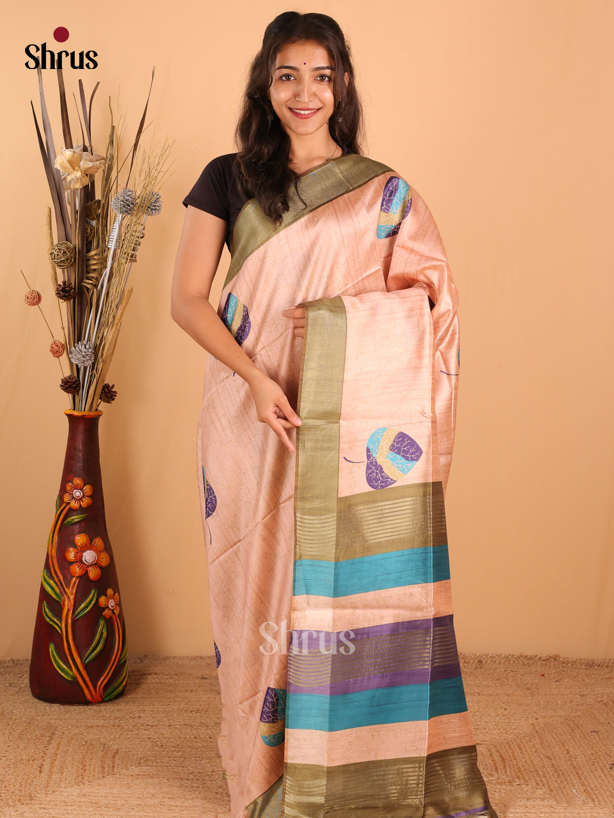 Peach & Mehandi Green - Champa Semi Tussar Saree - DCS11058 - Shop on Shrus.com