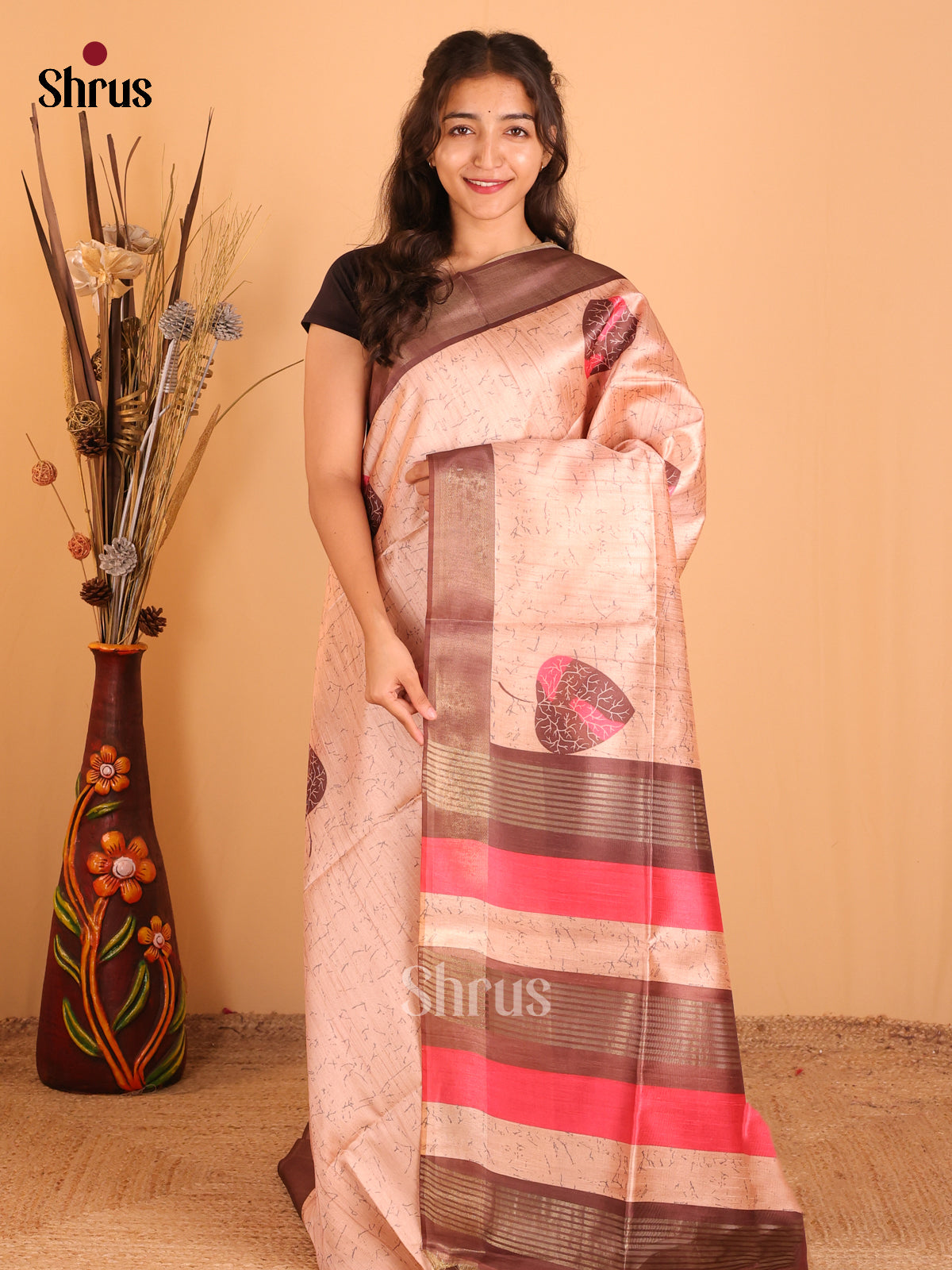Dusty Pink & Brown- Champa semitussar Saree - Shop on Shrus.com