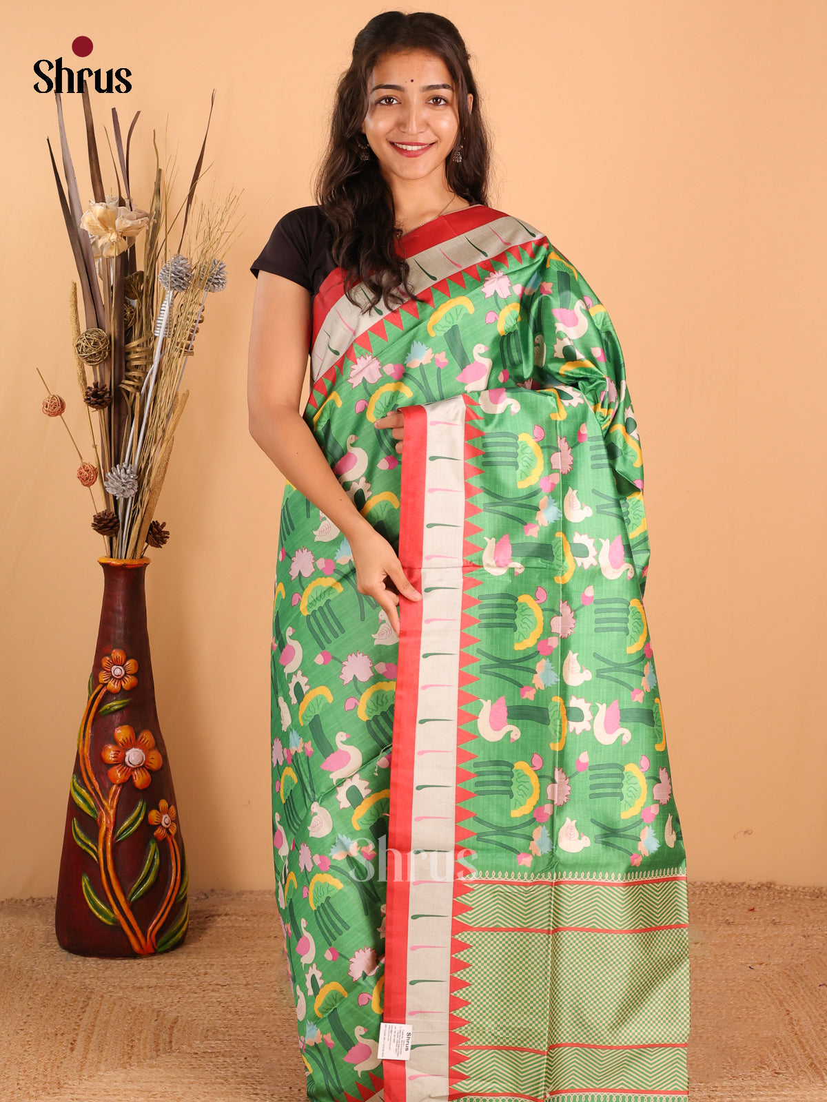 Green & red - Champa Semi tussar Saree - DCS11065 - Shop on Shrus.com