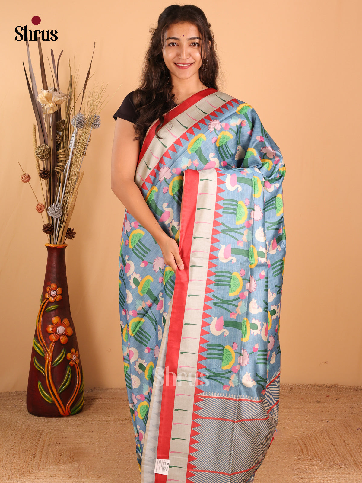Light blue & red - Champa semi tussar Saree - DCS11067 - Shop on Shrus.com