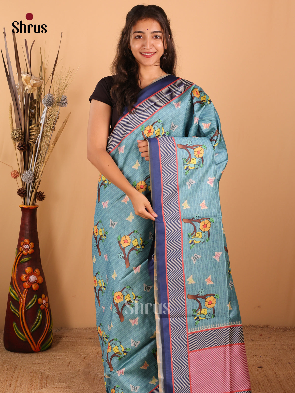Blue & Navy Blue - Champa semitussar Saree - DCS11070 - Shop on Shrus.com
