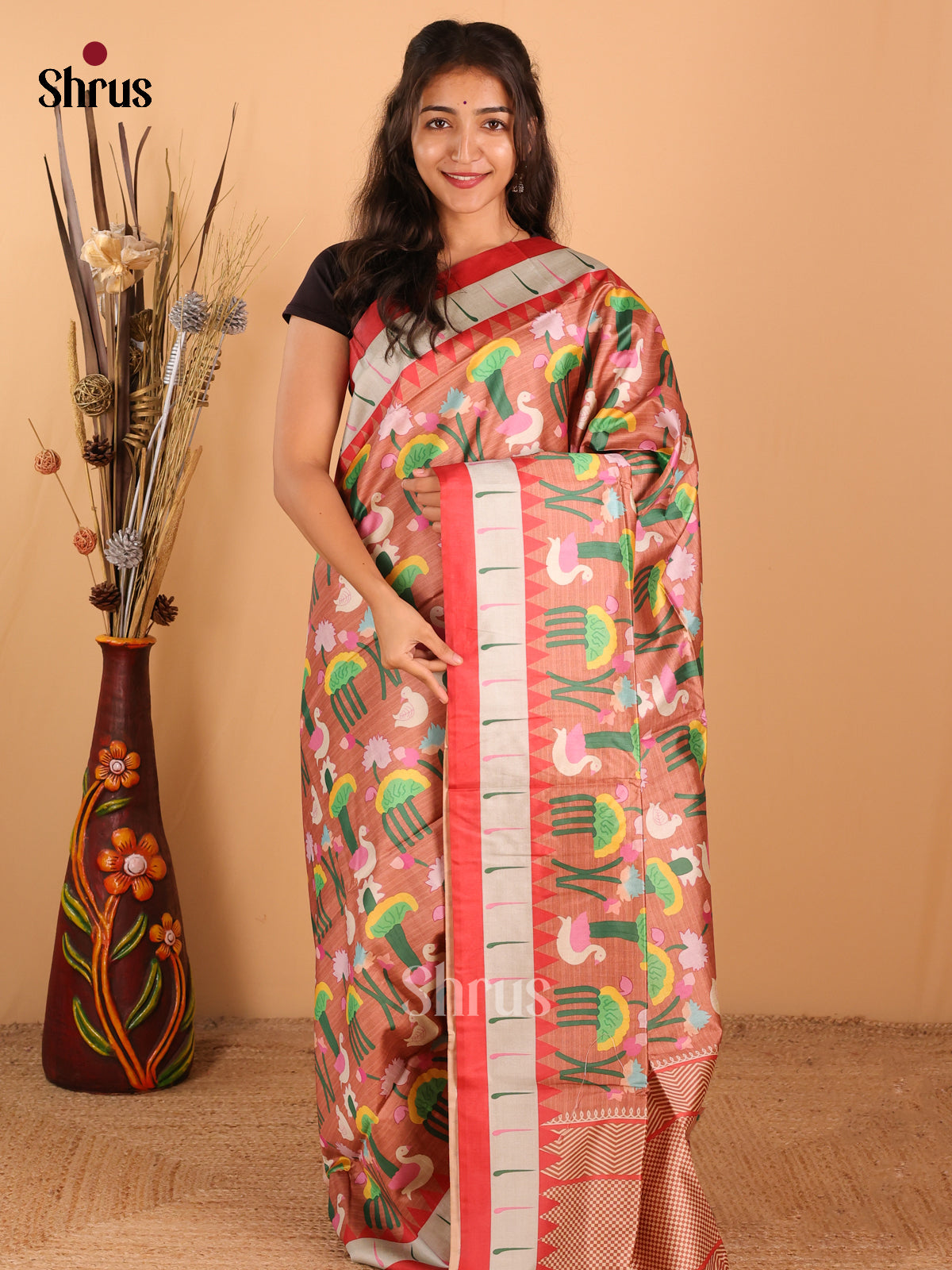 Brown & red - Champa Semitussar Saree - DCS11073 - Shop on Shrus.com