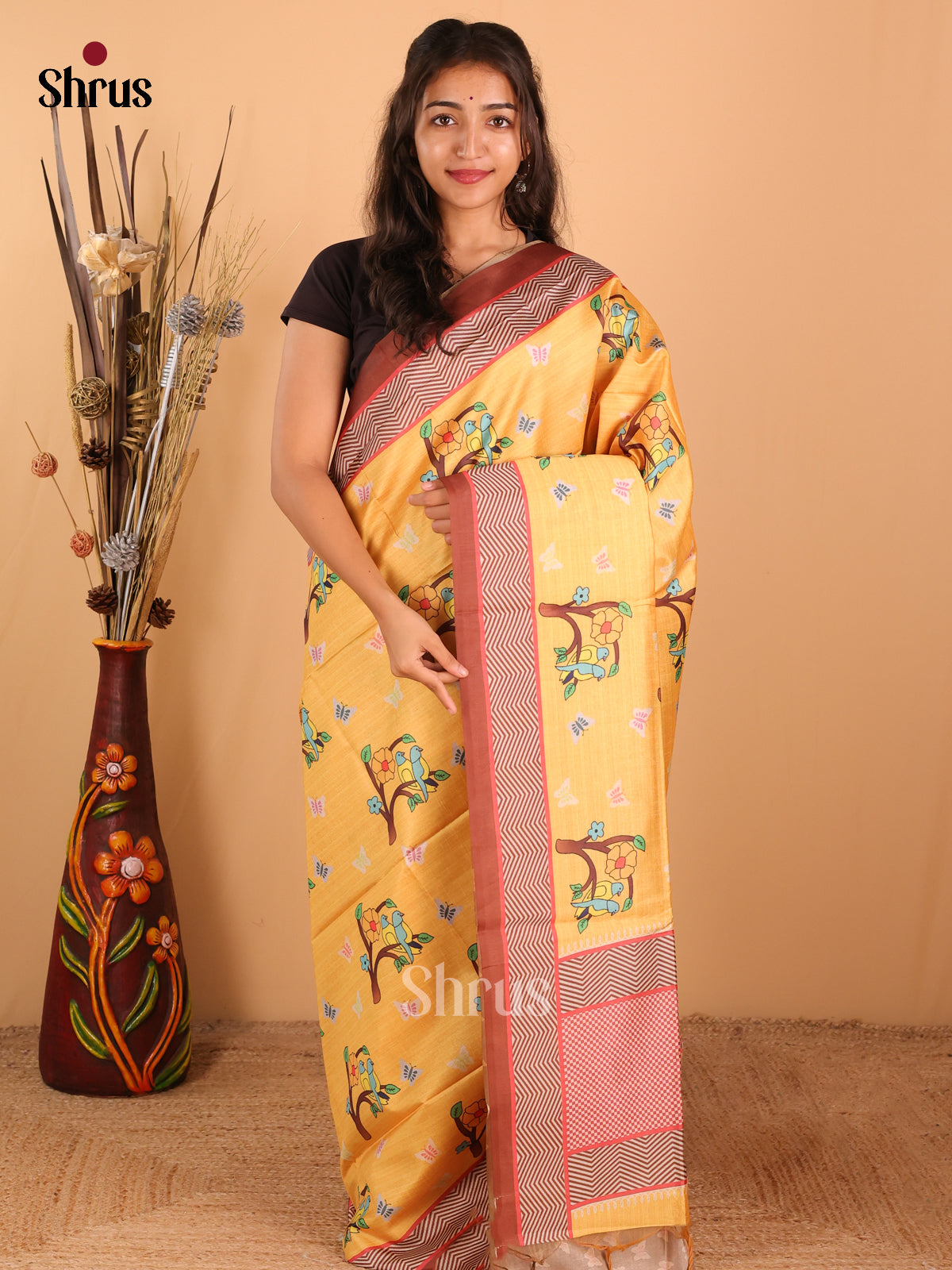 Yellow & Brown - Champa semitussar Saree - DCS11075 - Shop on Shrus.com