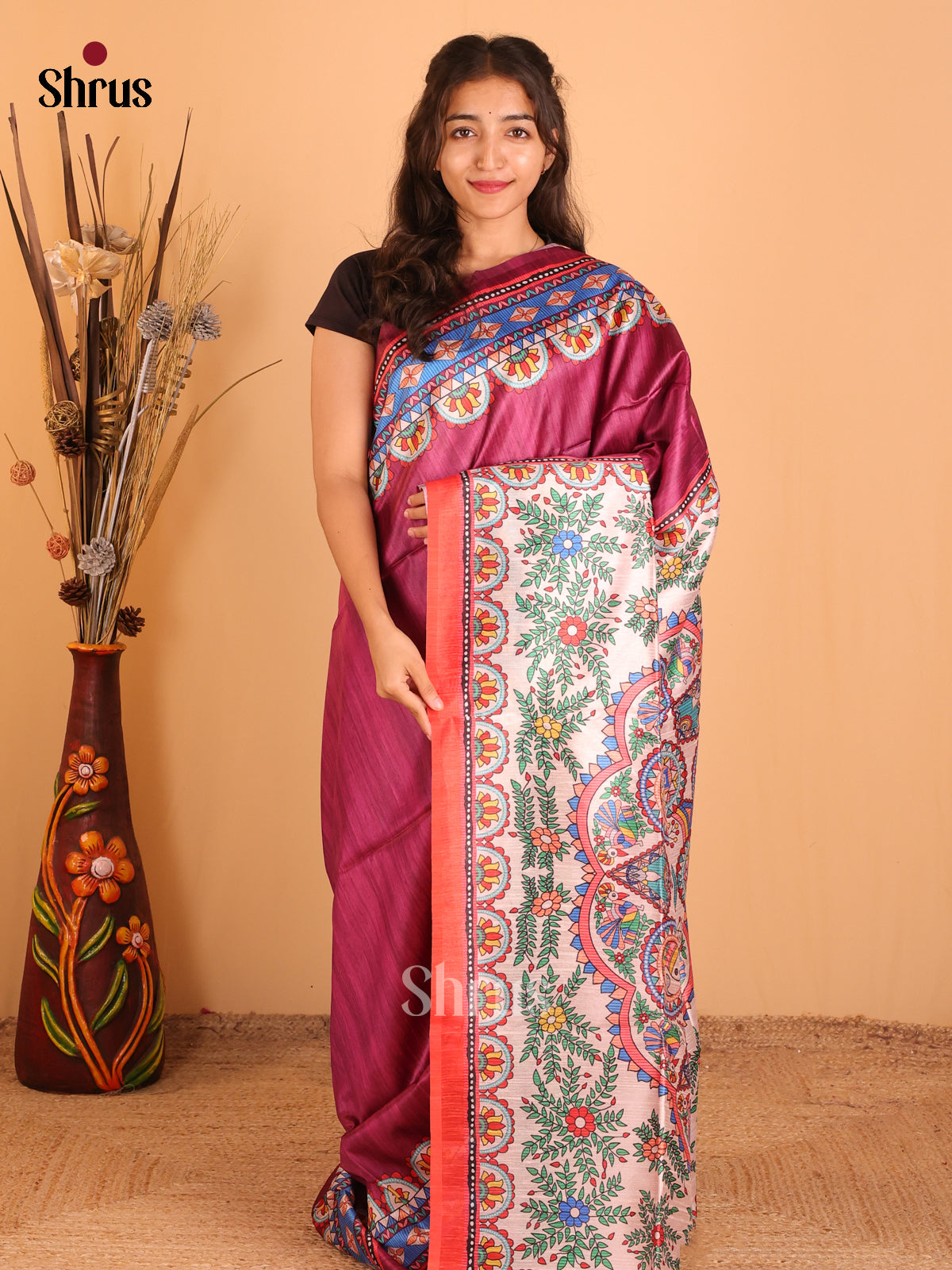 Wine & Cream - Champa semitussar Saree - Shop on Shrus.com
