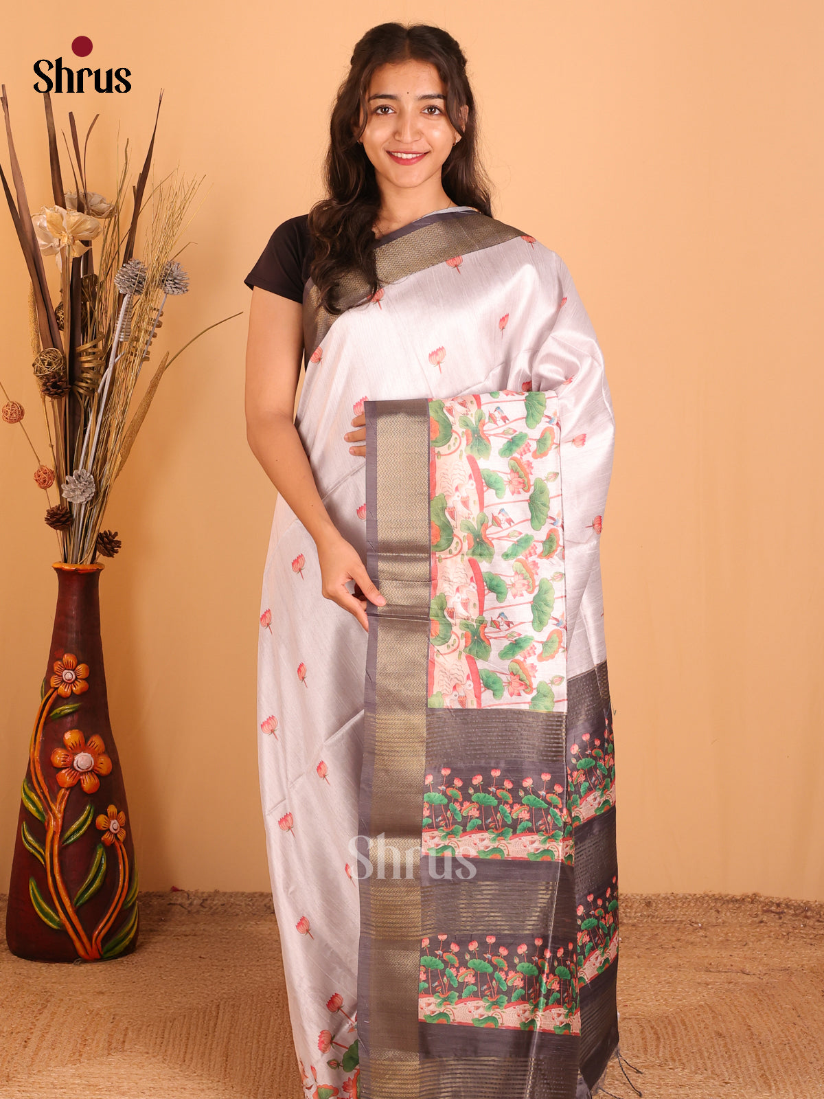 Cream & Grey - Champa semitussar Saree - Shop on Shrus.com