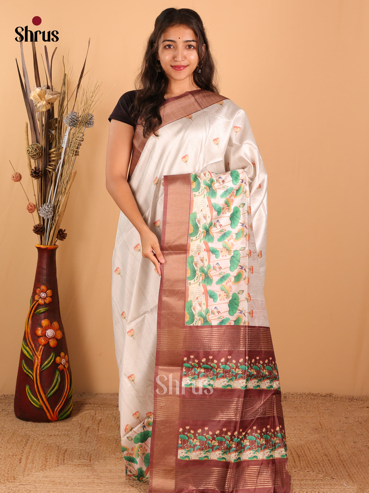 pastel grey & brown - Champa Semitussar Saree - DCS11087 - Shop on Shrus.com
