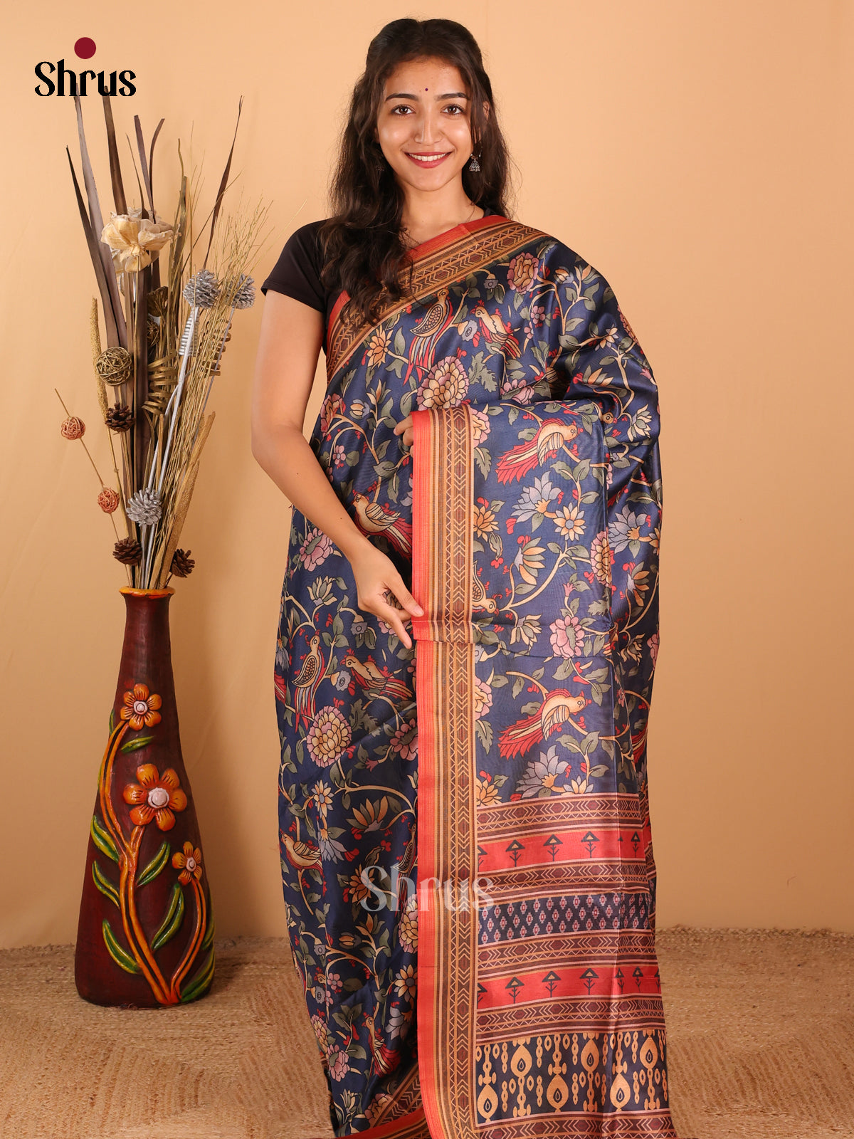 Dark Peacock blue & Orange - Champa Semi Tussar Saree - DCS11090 - Shop on Shrus.com