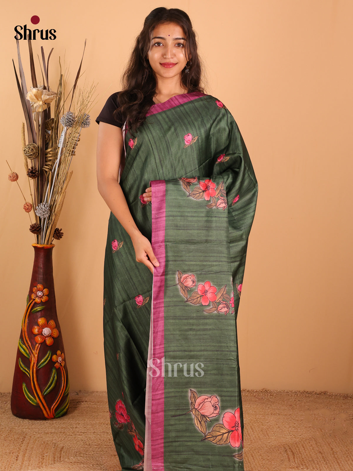 Dark olive green & purple - Champa Semi Tussar Saree - DCS11094 - Shop on Shrus.com