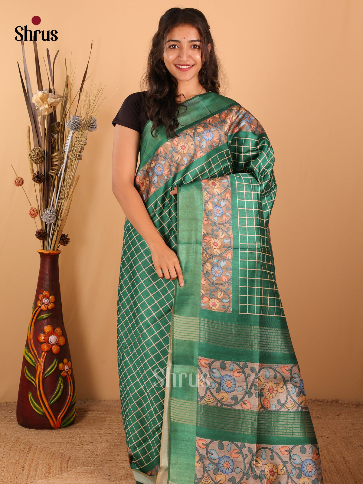 Dark green & Grey - Champa semi tussar Saree - DCS11096 - Shop on Shrus.com