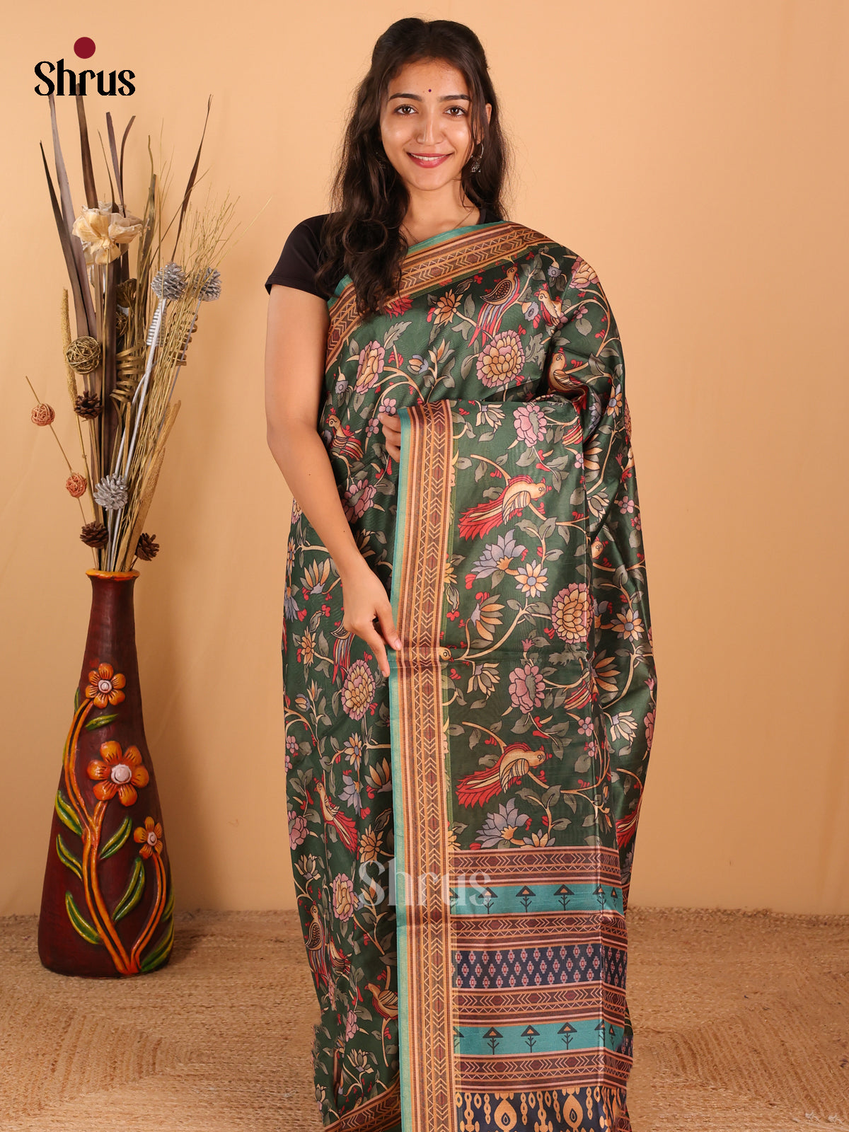 Dark olive Green & Brown - Champa Semitussa Saree - DCS11125 - Shop on Shrus.com