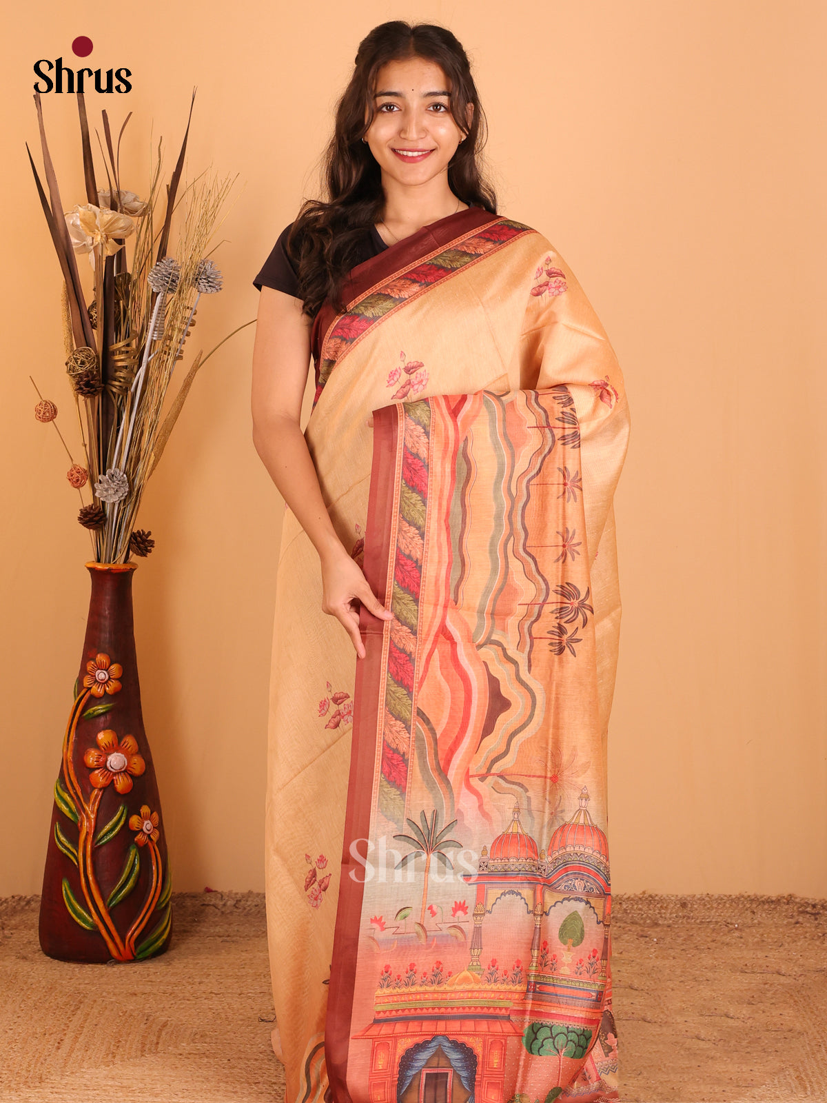 Peach & Brown- Champa semitussar Saree - Shop on Shrus.com