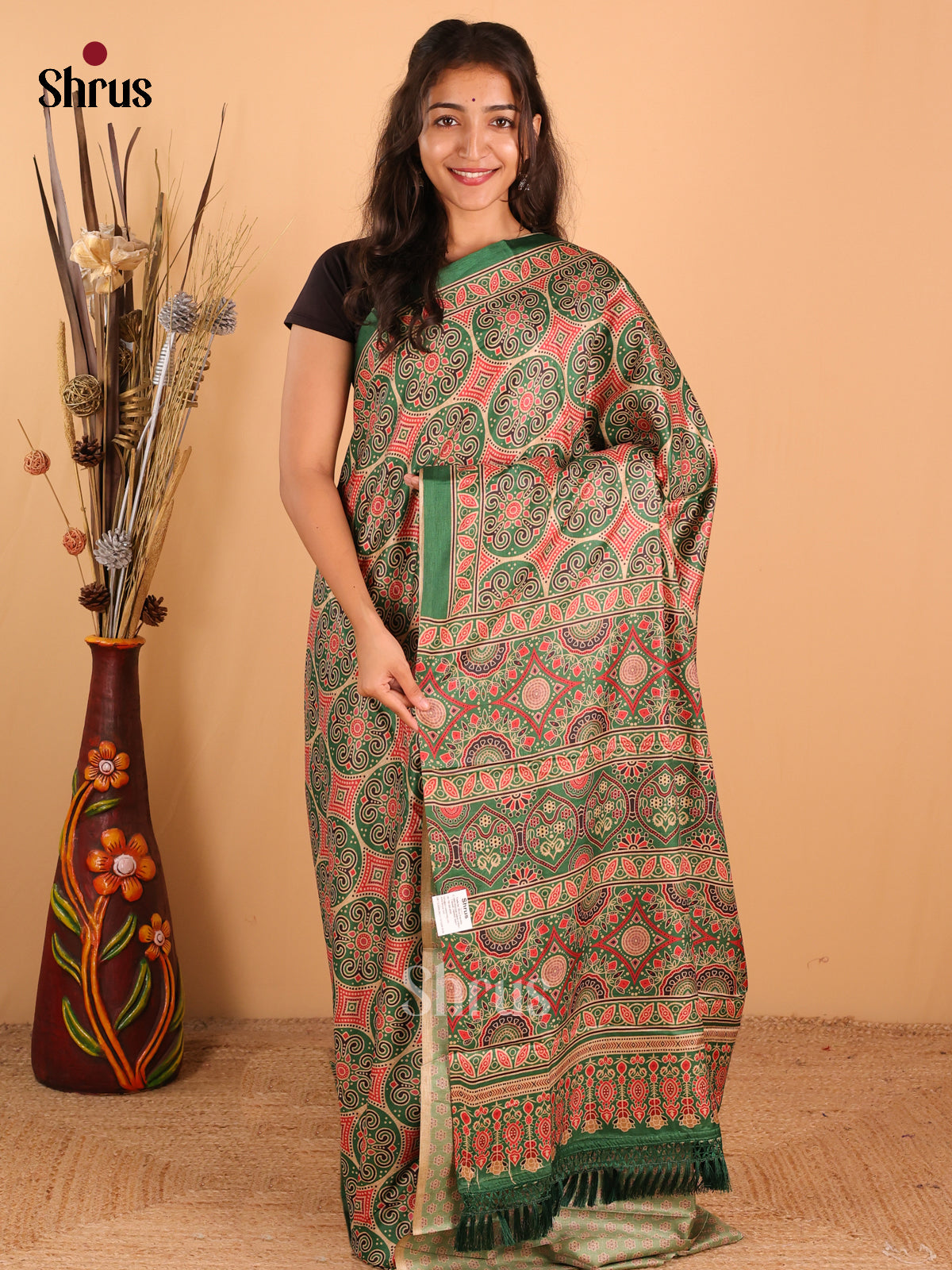 Sandal & green - Champa Semitussa Saree - DCS11143 - Shop on Shrus.com